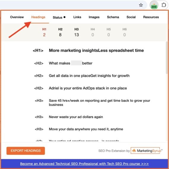 Знімок екрана звіту SEO Pro Extension.