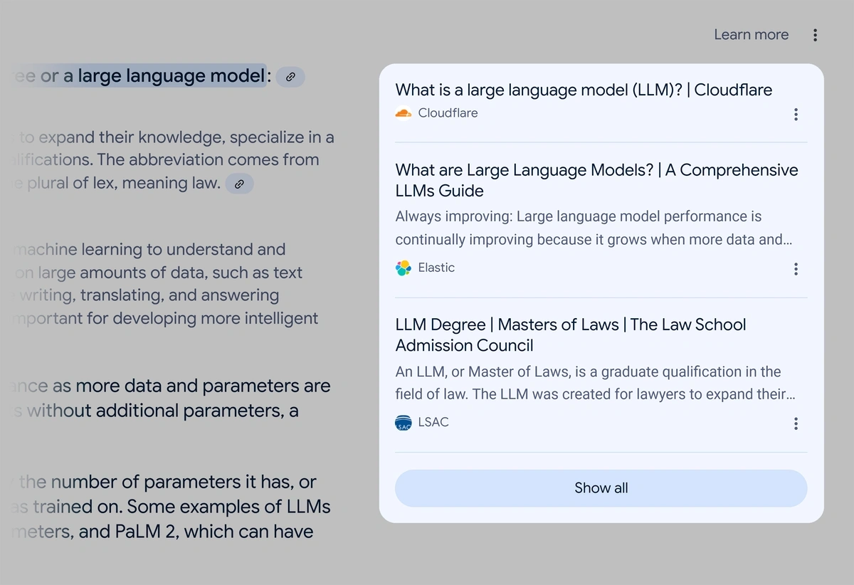 Джерела огляду Google AI для запиту «Що таке LLM"