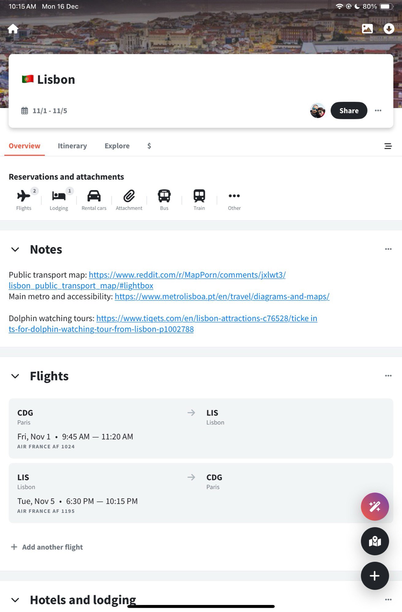 Головна кнопка програми iPad Mini Wanderlog вгорі ліворуч