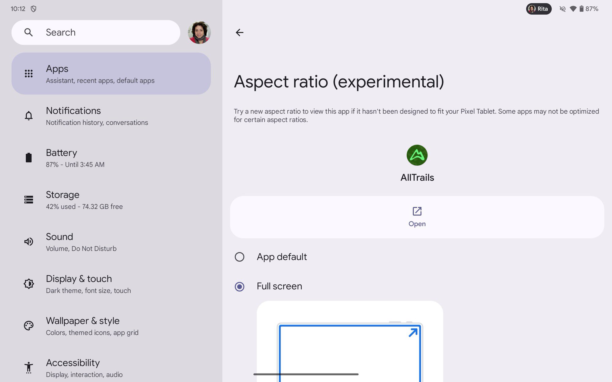 pixel tablet alltrails app налаштування повноекранного співвідношення сторін