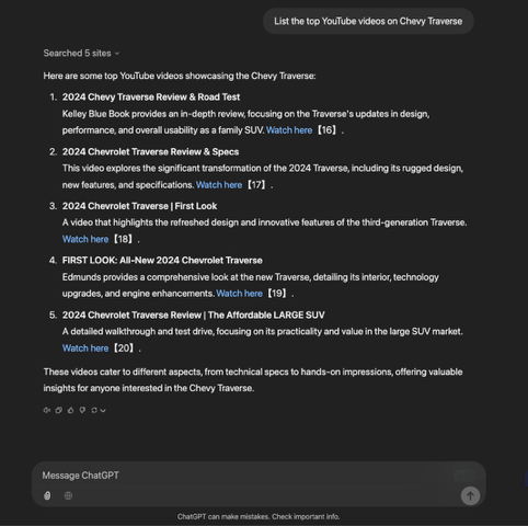 ChatGPT Результат пошуку для найпопулярніших відео Chevrolet Traverse