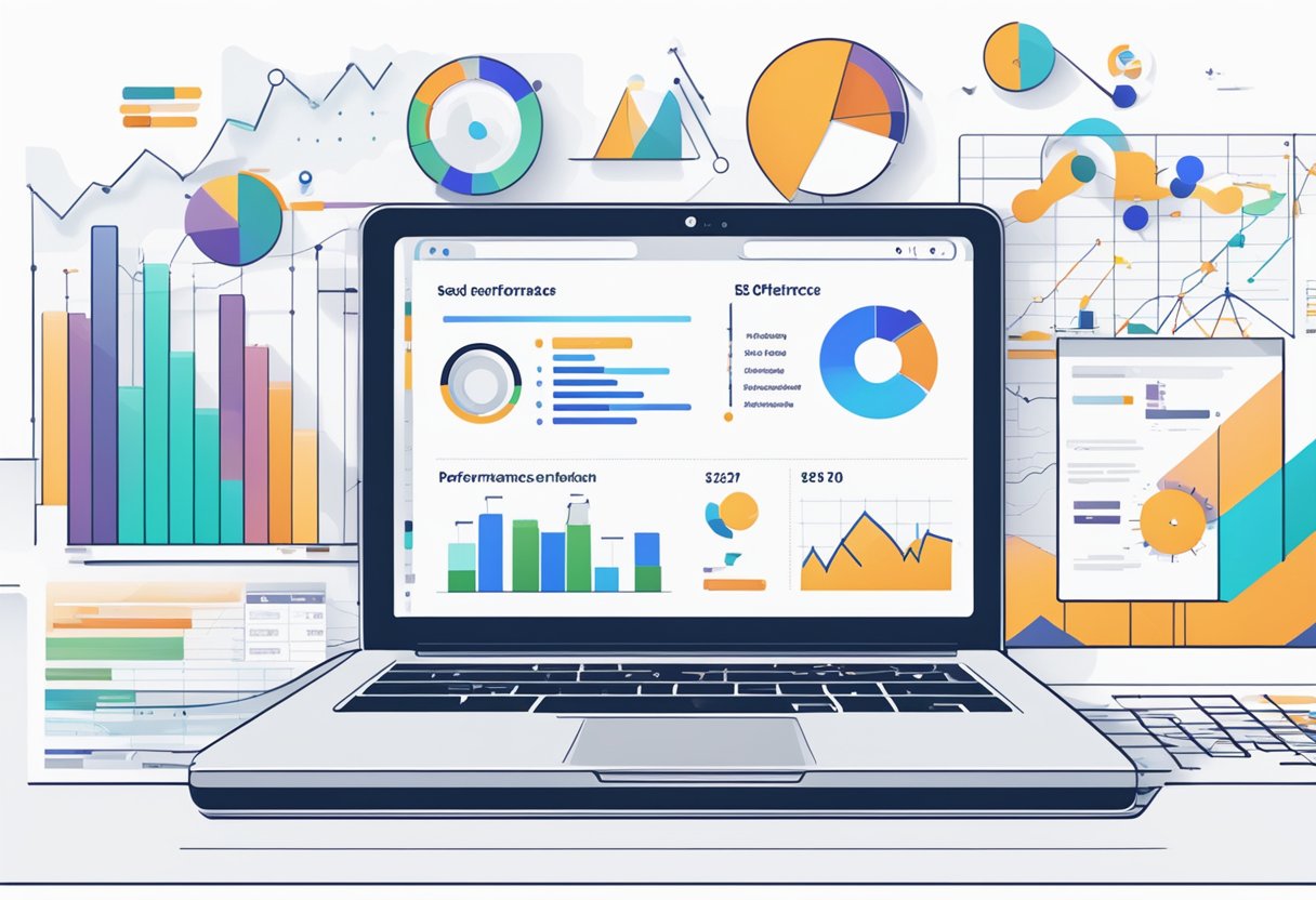 Ноутбук, оточений інструментами та графіками SEO, з інформаційною панеллю продуктивності веб -сайту на екрані