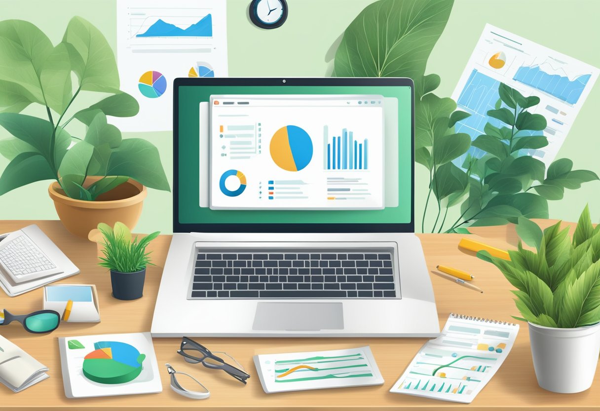 Ноутбук на столі з різними інструментами та діаграмами SEO, оточеним зеленню та природними елементами, символізуючи органічне зростання в трафіку веб -сайту