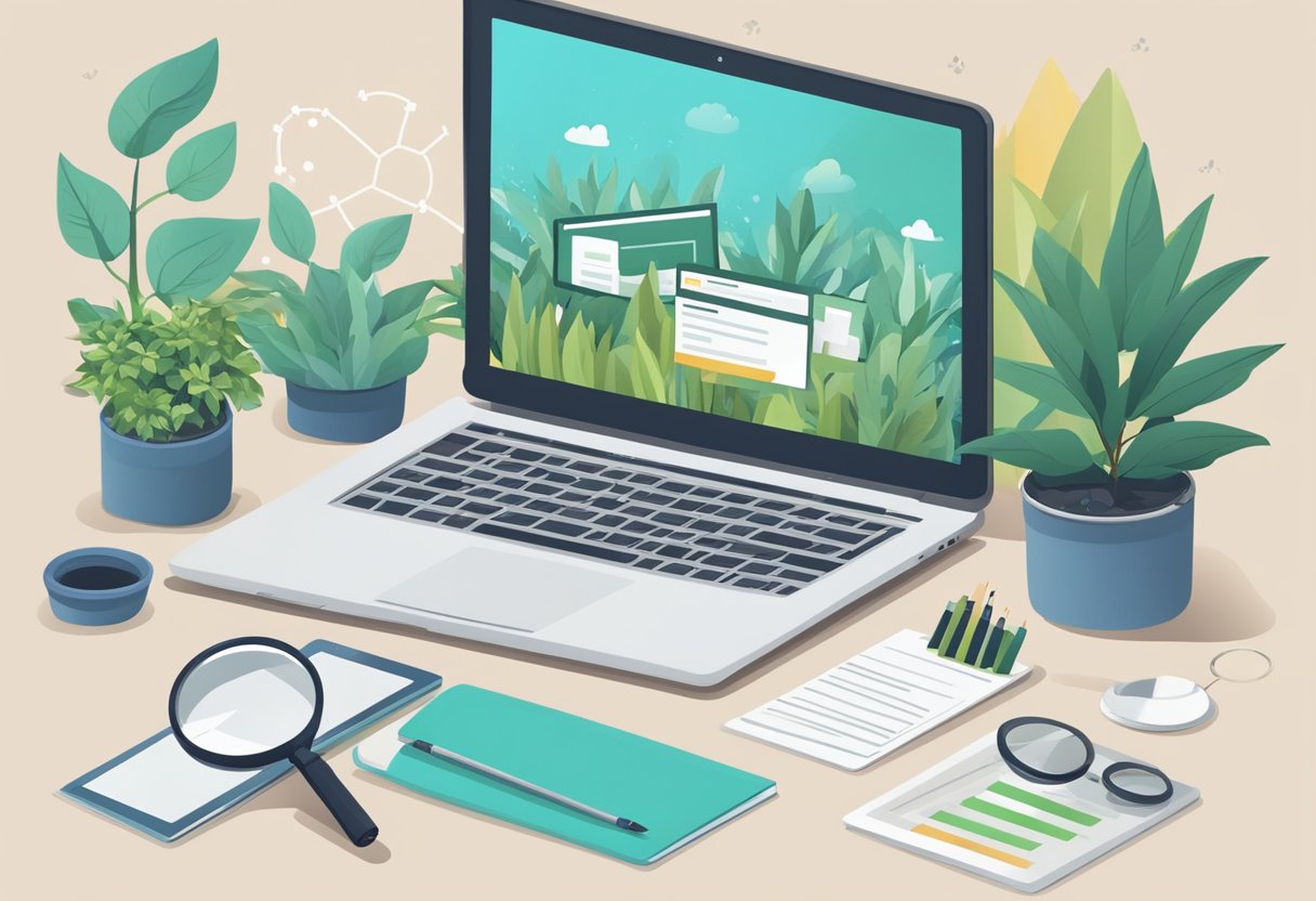 Ноутбук, оточений квітучими рослинами, з таблицею зростання, що показує тенденцію до зростання, та лупа, що виділяє ключові слова на веб -сайті