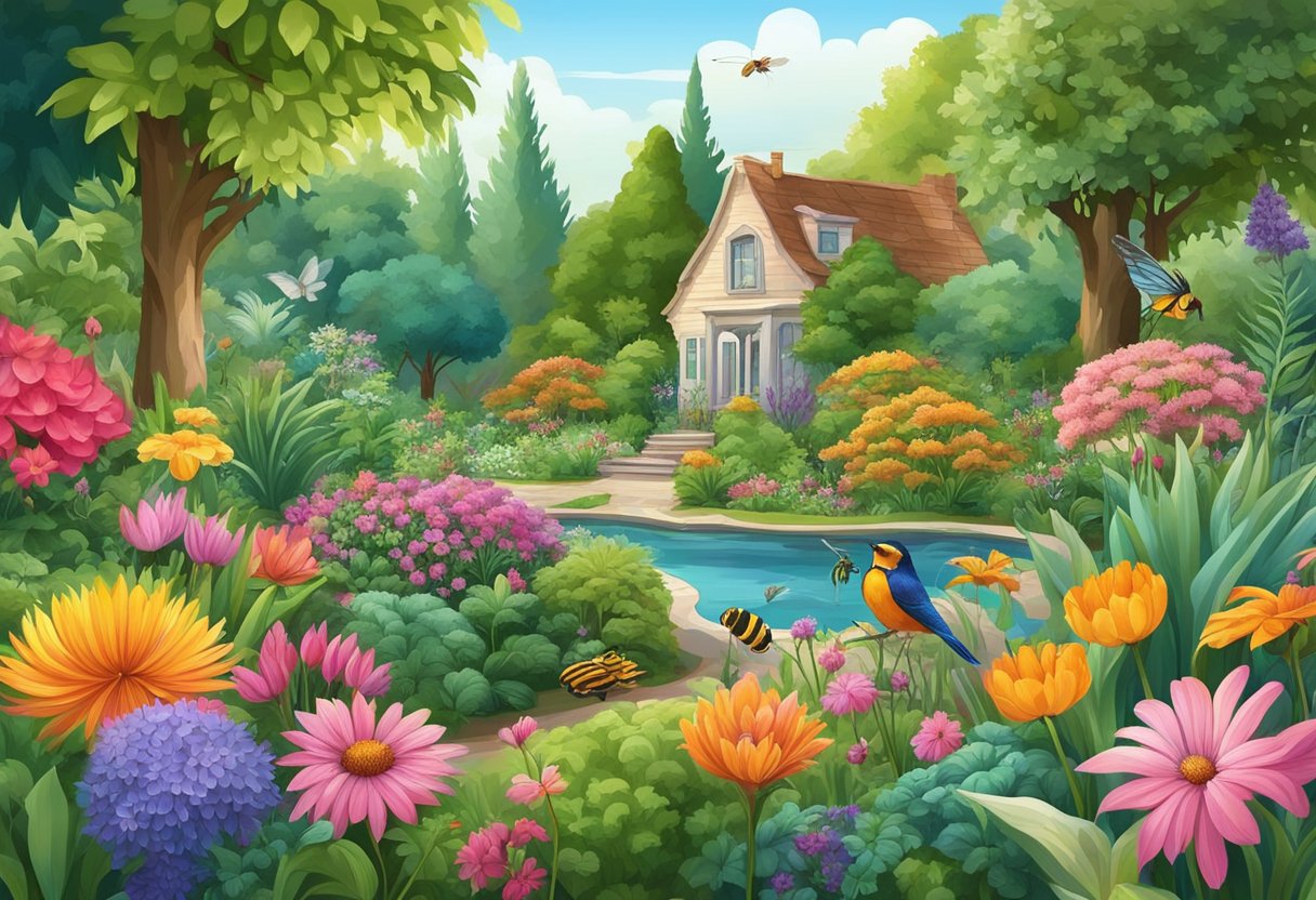 Пишний сад з різноманітними барвистими квітами та рослинами, оточеним яскравою екосистемою комах та птахів