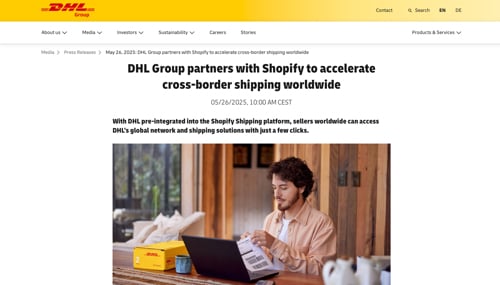 Веб -сторінка на DHL Group Оголошує Shopify Partnership