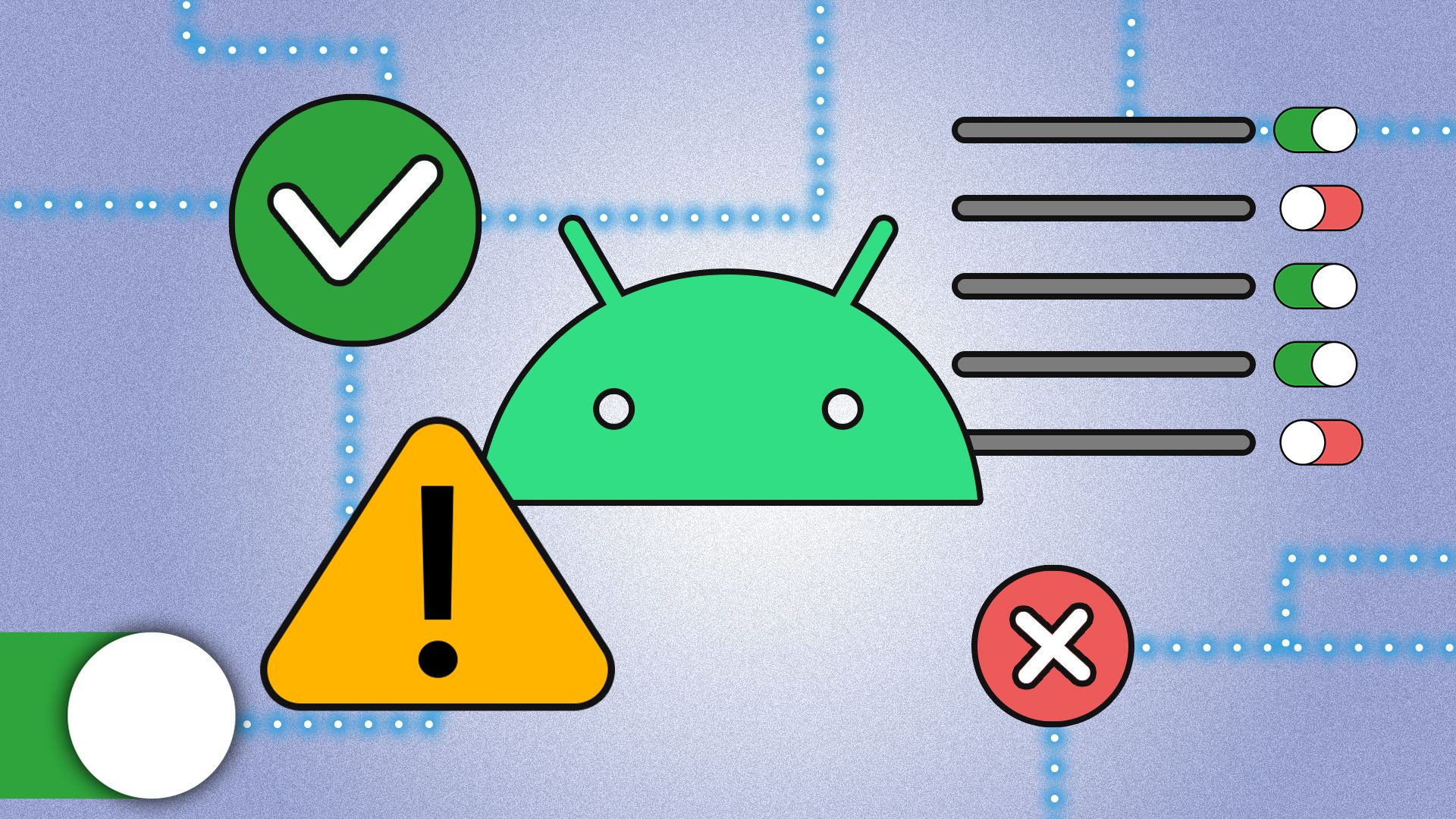 Ілюстрація талісмана Android з деякими з'єднаннями та піктограмами навколо нього.