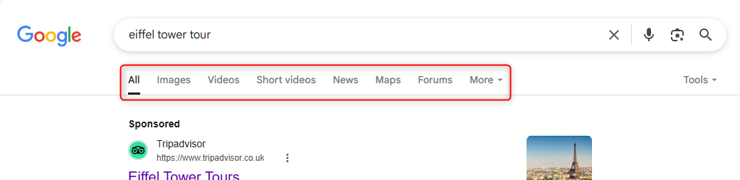 Банер пошуку Google з виділеними різними типами пошуку.