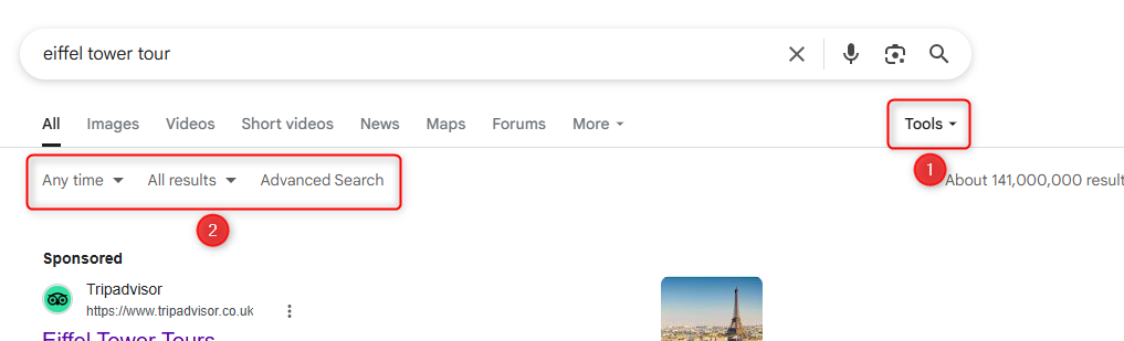 Вибирається кнопка «Інструменти пошуку Google» та відображаються параметри інструменту пошуку.