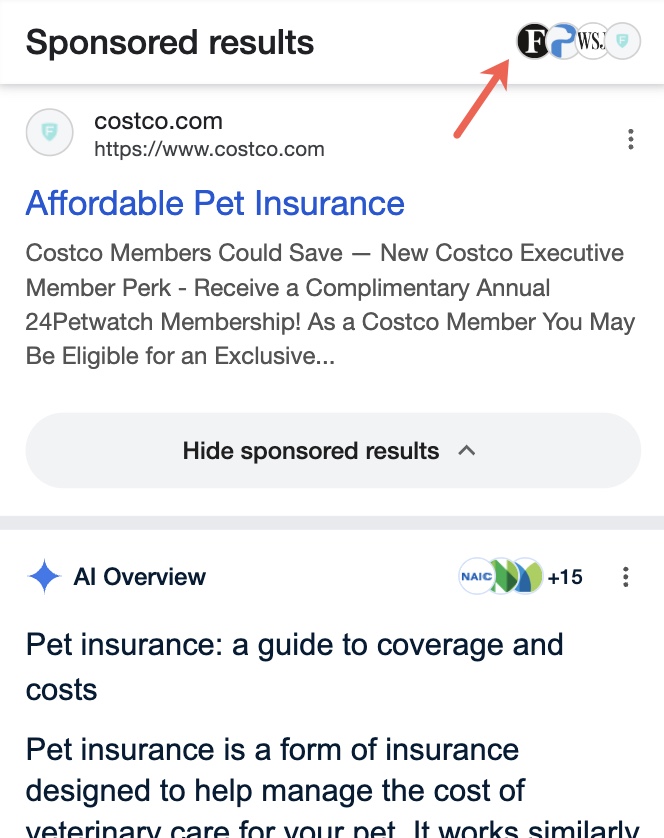Google Ads Групування фавиконів, спонсорованих результатів