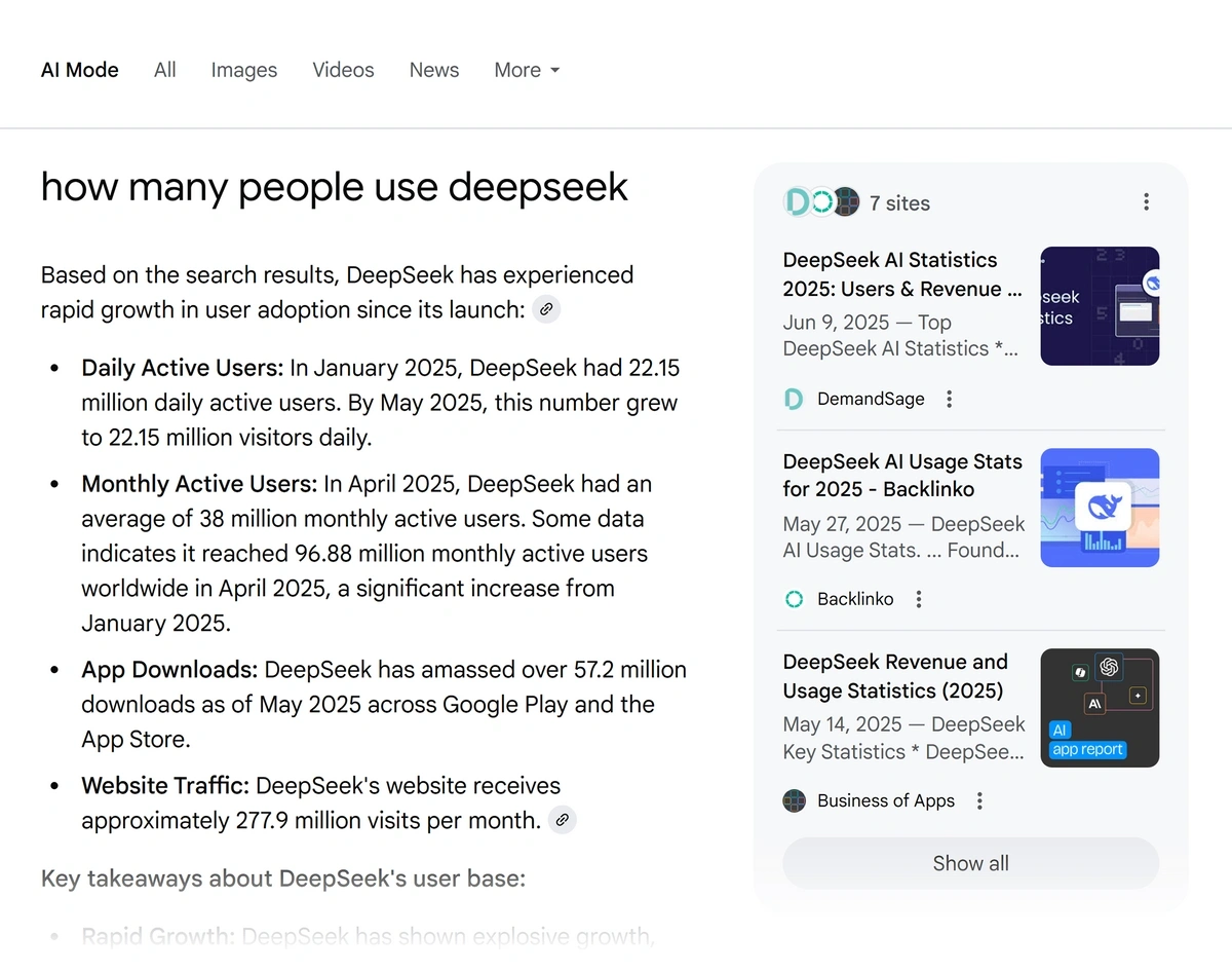 Говорить результат режиму Google AI "Тенденції SEO за 2025 рік" і перераховує кілька прикладів із посиланнями.