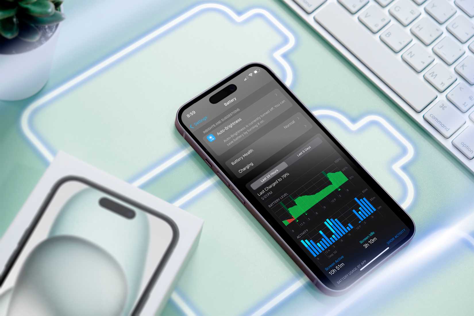 IPhone на поверхні з деякими піктограмами акумулятора та екраном, що демонструє використання акумулятора.