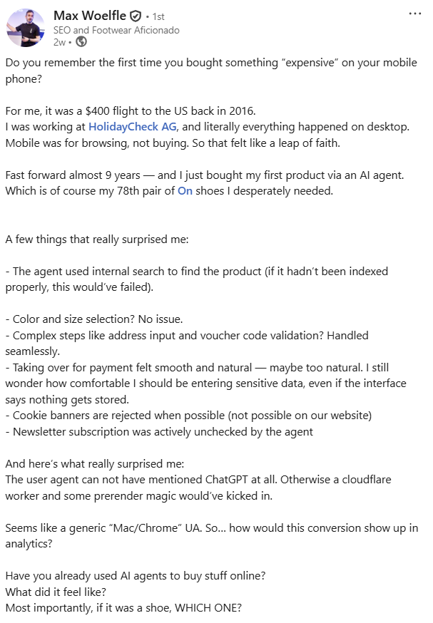 LinkedIn Post від Max Woelfle, що описує безшовну покупку взуття агента AI та отриманий виклик аналітики.