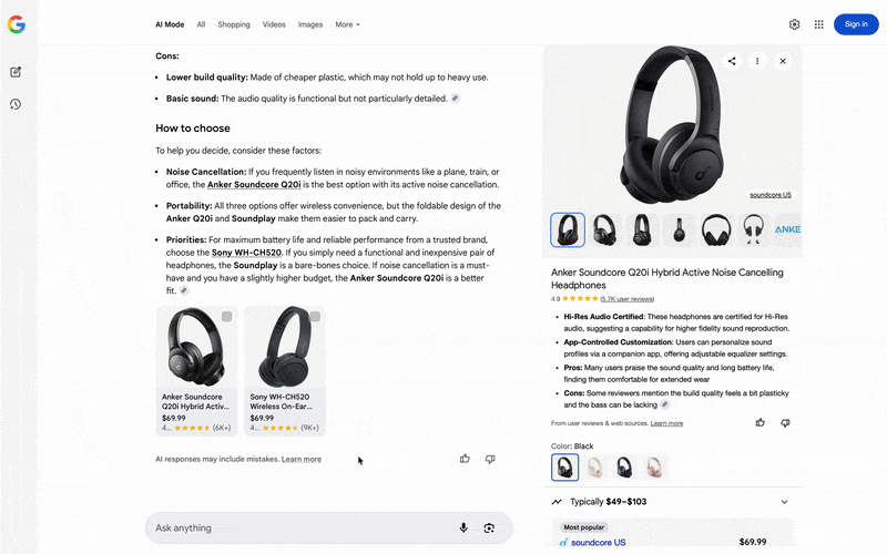 Режим Google AI, створений підсумок продукту, що генерує підсумок продукту