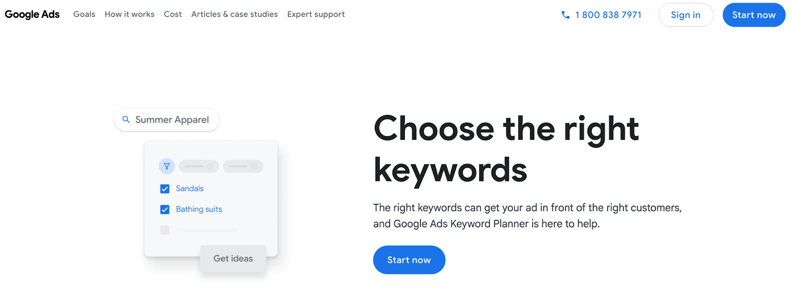 Сторінка цільової сторінки планувальника ключових слів Google із заголовком 