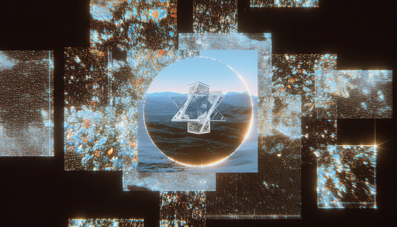 Абстрактне зображення з центральним круглим дизайном із геометричним символом над спокійним морем і горами в оточенні сяючих нерівних прямокутних візерунків на темному тлі.