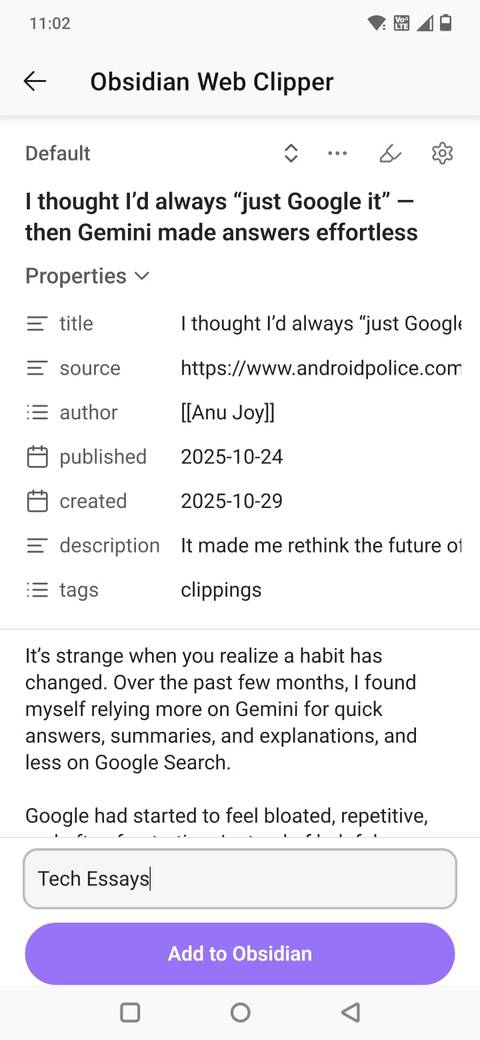 Знімок екрана розширення Obsidian Web Clipper