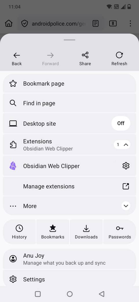Знімок екрана, на якому показано, як вирізати статтю у Firefox за допомогою розширення Obsidian Web Clipper