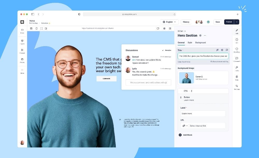Знімок екрана інтерфейсу візуального редактора Storyblok, на якому показано редагування веб-сторінки, включно зі спільними коментарями, полями вмісту та елементами керування дизайном поряд із зображенням-героєм усміхненого чоловіка в блакитному светрі.
