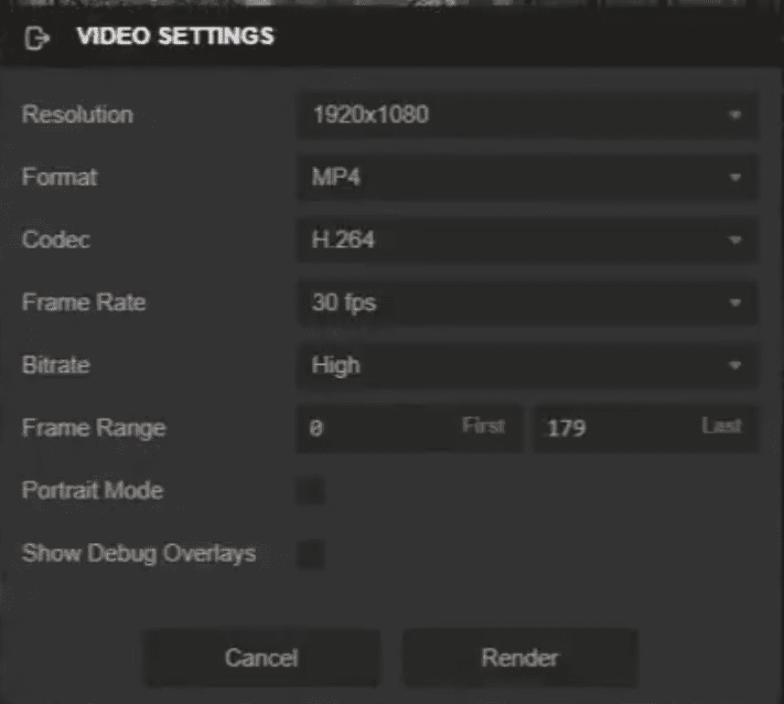 Інтерфейс налаштувань відео, який відображає параметри роздільної здатності, формату, кодека, частоти кадрів, бітрейту, діапазону кадрів, портретного режиму та накладень налагодження з кнопками для скасування або візуалізації.