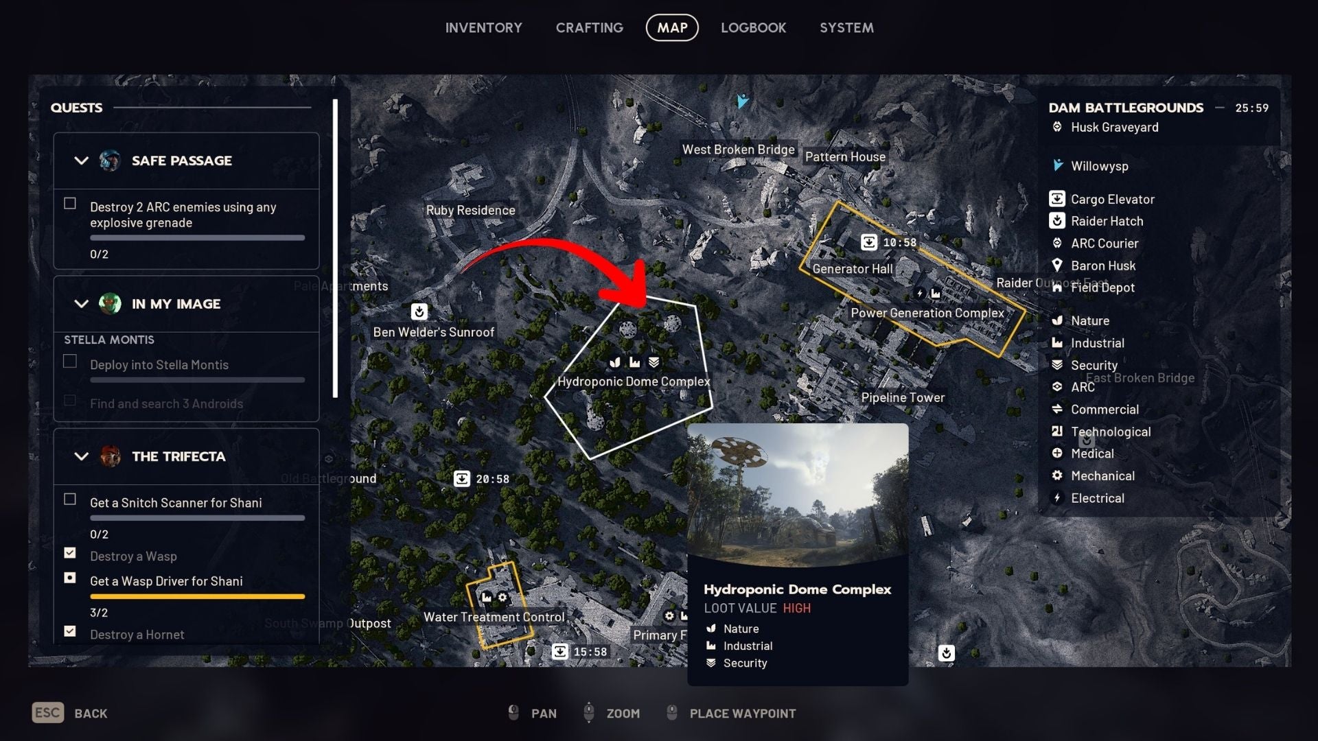 Зображення, на якому показано розташування на карті для квесту Untended Garden у Arc Raiders