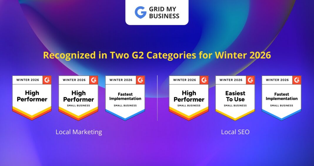 Grid My Business отримує 21 значок G2 у зимових звітах 2026 року для місцевого маркетингу та локального SEO
